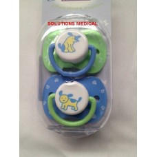 DUMMY INFANT 3 MONTHS + SILICONE PACIFIER 2 PACK GREEN BLUE DOG PATTERN