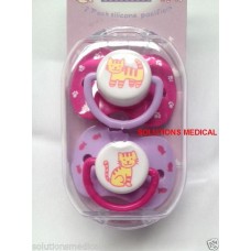 DUMMY INFANT 3 MONTHS + SILICONE PACIFIER 2 PACK PINK PURPLE CAT PATTERN