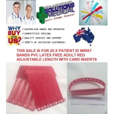 25 X PATIENT ID WRIST BANDS PVC LATEX FREE ADULT ADJUSTABLE LENGTH RED