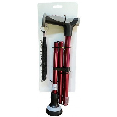 Walking Stick Red Folding Adjustable With Cushion Tip and Wrist Strap 77-98cm