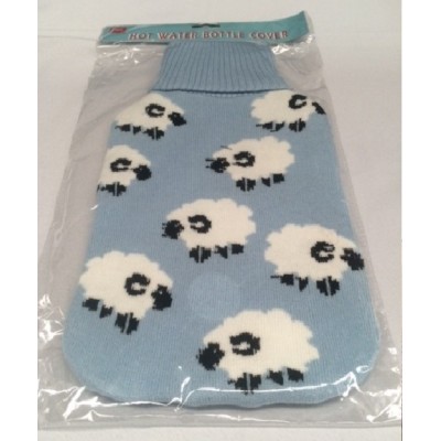 Hot Water Bottle Knitted Cover Blue White Sheep Design (X1)