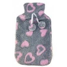 Hot Water Bottle Cover Pink Love Hearts Pattern With Pompoms