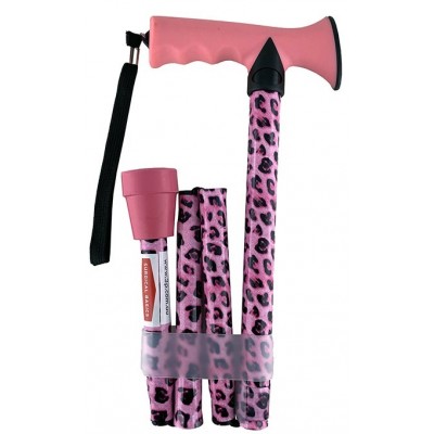 Surgical Basics Walking Stick Pink Leopard Pattern Folding With Strap Adjustable Height 73-85cm 