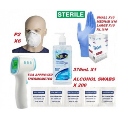 Family Protection Kit Sanitiser Sterile Gloves P2 Mask Alcohol Wipes Thermometer Infrared Pistol Grip