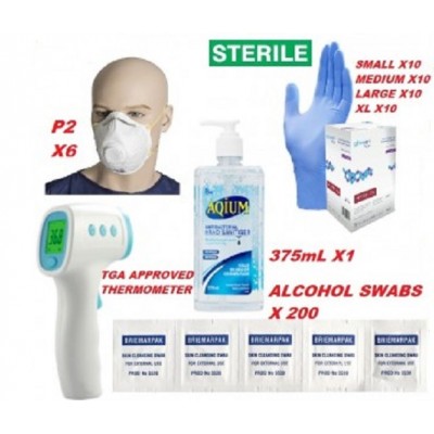 Family Protection Kit Sanitiser Sterile Gloves P2 Mask Alcohol Wipes Thermometer Infrared Pistol Grip