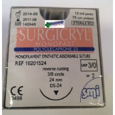 SUTURES BOX 12 SIZE 3.0 USP MONOFILAMENT SYNTHETIC ABSORBABLE POLYGLECAPRONE 25 MONOFAST SURGICRYL 75CM UNDYED SMI