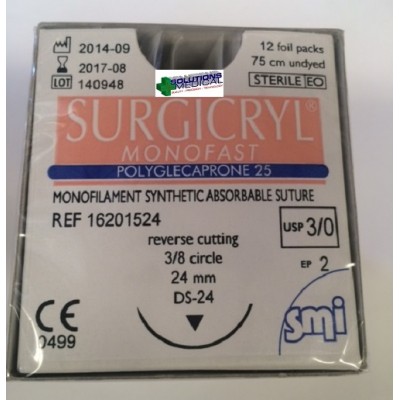 Sutures Box 12 Size 3.0 Usp Monofilament Synthetic Absorbable Polyglecaprone 25 Monofast Surgicryl 75cm Undyed Smi