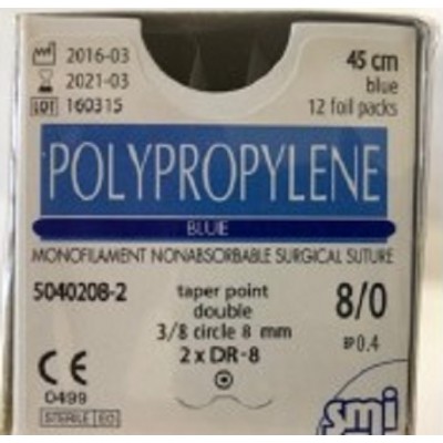 Sutures Surgical Polypropylene Size 8.0 Usp Monofilament Nonabsorbable Blue