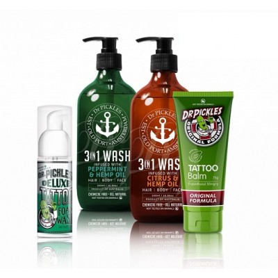 Dr Pickles Deluxe Pack 3 In 1 Hair Body Face Wash 500ml Pumps Plus 50ml Deluxe Foaming Wash 75g Balm