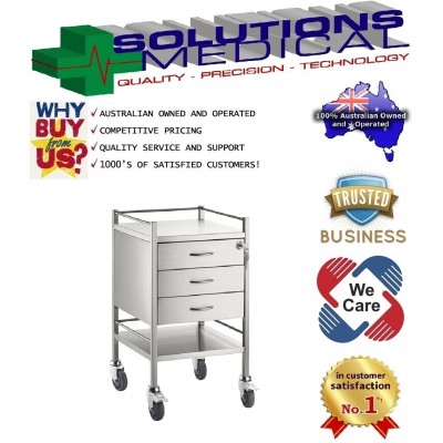 Single Stainless Steel Trolley 3 Draw With Top Locking Draw