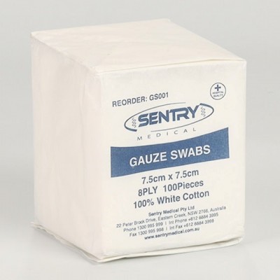 Sentry Gauze Swabs First Aid Woundcare 7.5cm X 7.5cm X 8ply (Pkt 100)