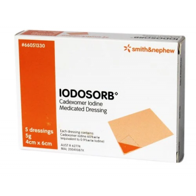 IODOSORB Cadexomer Iodine Medicated Dressing 5g, 6cm x 4cm - Box/5 66051330 IODOSORB Cadexomer Iodine Medicated Dressing 5g, 6cm x 4cm - Box/5 66051330