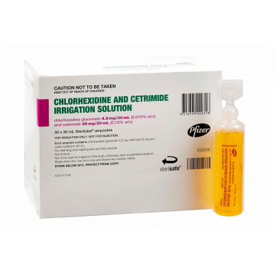 Chlorhexidine And Cetrimide Irragation Solution 30ml Steritube 30/Box Pfizer TGA Approved 