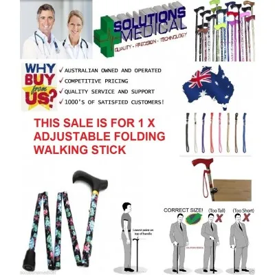Walking Stick Adjustable Folding 83cm- 90cm Cane Navy Floral Design Walking Stick Adjustable Folding 83cm- 90cm Cane Navy Floral Design