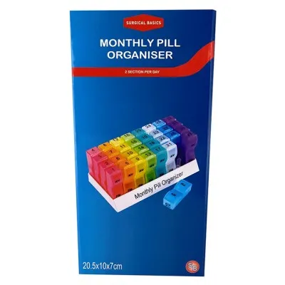 Surgical Basics Monthly Pill Box Organiser Daily Am/pm Removable Sections 20.5x40x7cm Surgical Basics Monthly Pill Box Organiser Daily Am/pm Removable Sections 20.5x40x7cm
